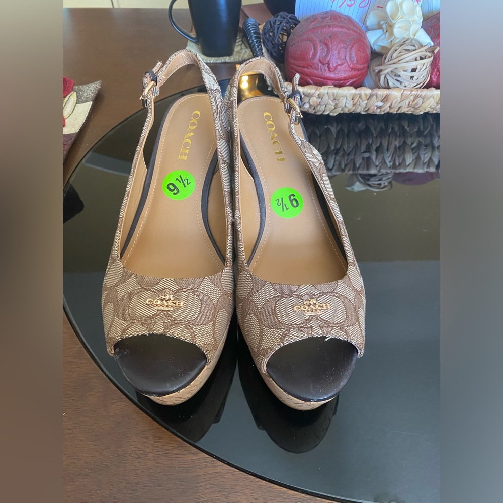 Coach ferry signature C Jacard calf Brown wedge cork shoes